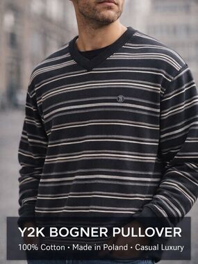 Bogner Vintage Y2K Era Striped Pullover Sweater Large Cotton Logo Casual Luxury
